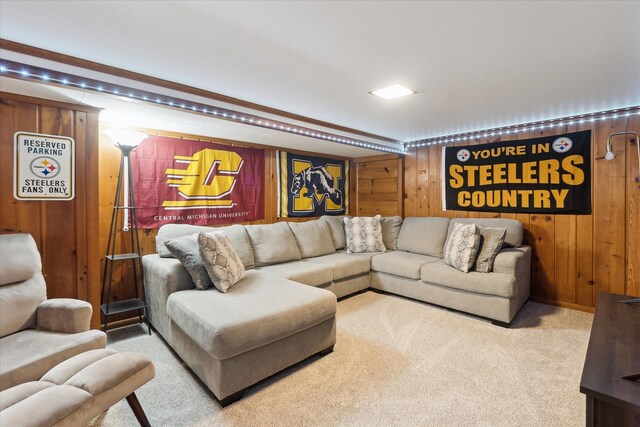 living area with wooden walls and carpet