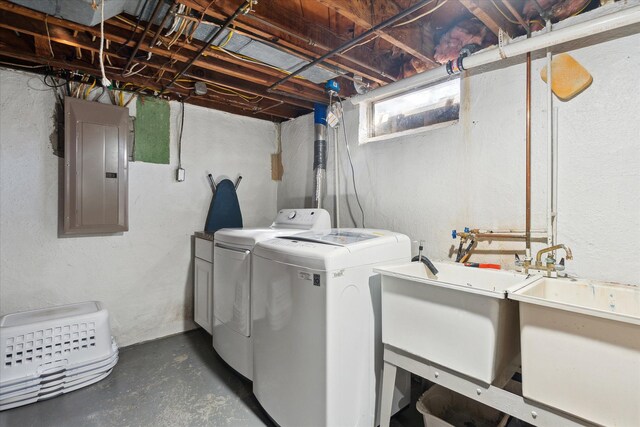 laundry room featuring electric panel, separate washer and dryer, and a textured wall