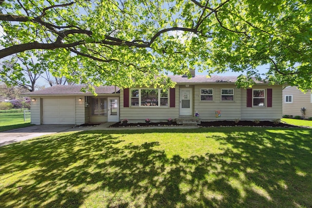 view of front facade featuring concrete driveway, a garage, a front lawn, and entry steps