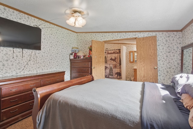 bedroom featuring ceiling fan, ornamental molding, and wallpapered walls