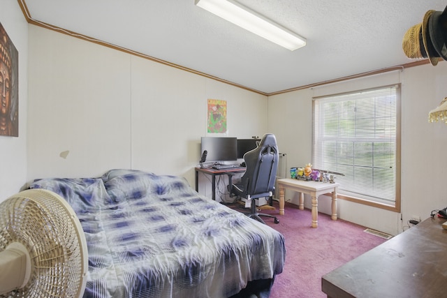 bedroom featuring a textured ceiling, visible vents, vaulted ceiling, crown molding, and carpet flooring