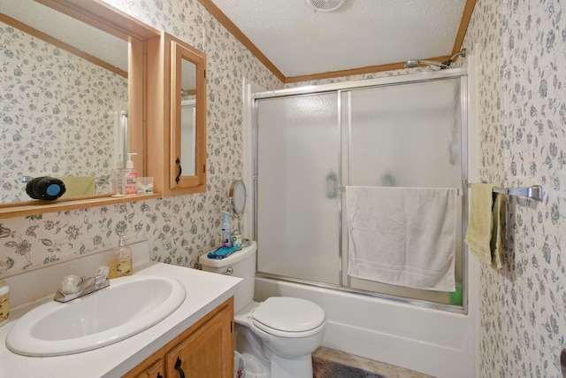 bathroom featuring crown molding, a textured ceiling, shower / bath combination with glass door, and wallpapered walls