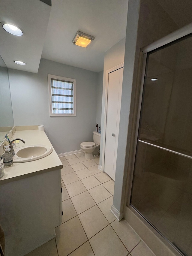 full bath featuring a stall shower, tile patterned flooring, toilet, and vanity