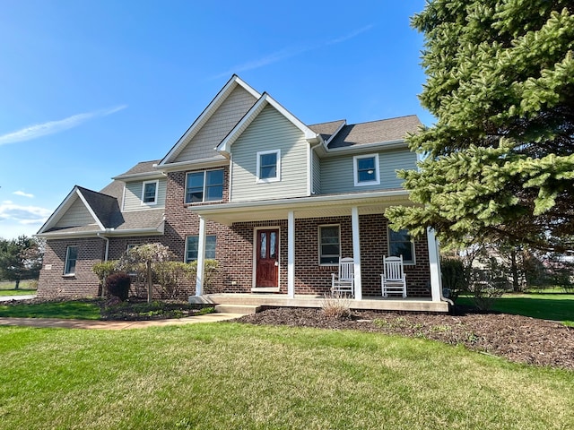 view of front of home with a front lawn, a porch, and brick siding
