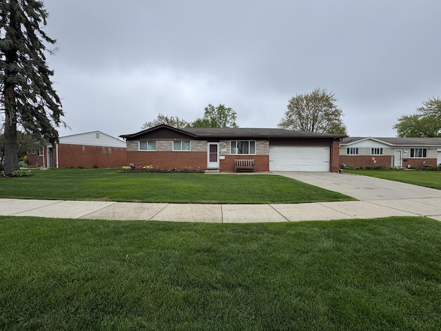 31534 Stricker Dr, Warren, MI 48088 - ranch-style house with a front lawn, an attached garage, brick siding, and driveway