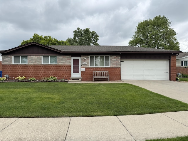 31534 Stricker Dr, Warren, MI 48088 - single story home with concrete driveway, an attached garage, a front yard, and brick siding