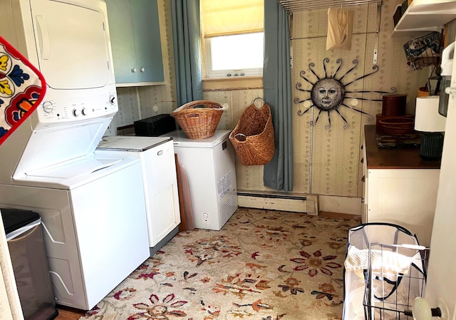 laundry room with stacked washing maching and dryer and baseboard heating