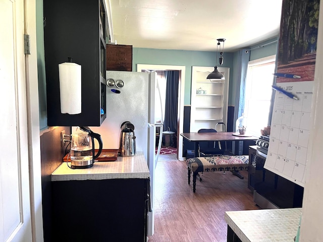 kitchen with hanging light fixtures, light countertops, and wood finished floors