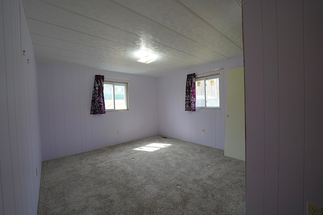 carpeted empty room featuring wooden walls