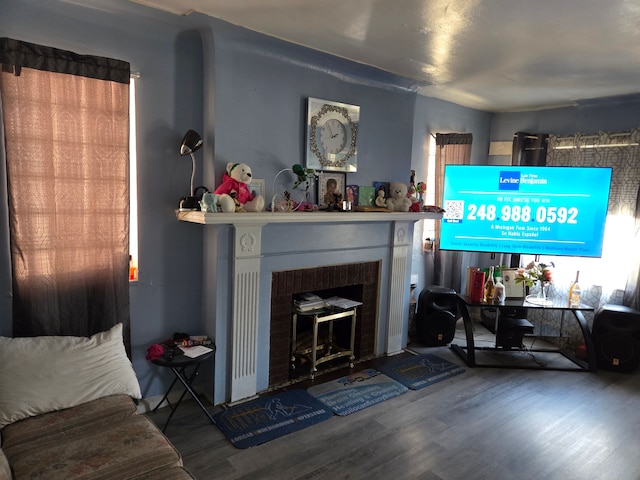 living area featuring a fireplace and wood finished floors