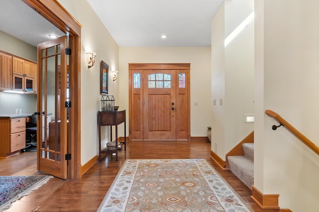 12324 Cranes Ave, Richland, MI 49083 - entrance foyer featuring baseboards, stairs, recessed lighting, and wood finished floors