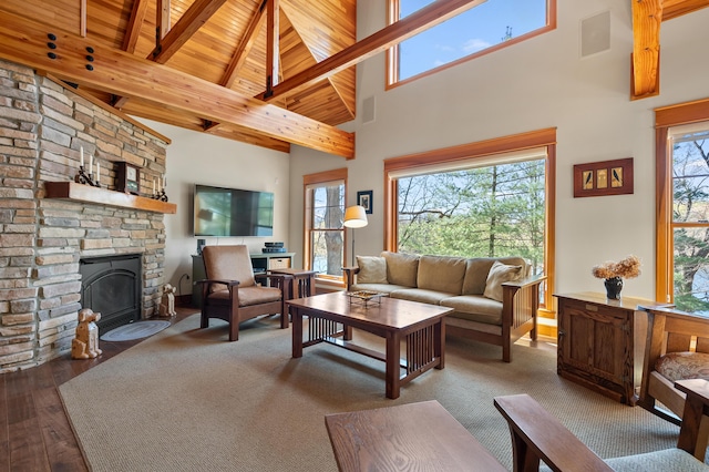 12324 Cranes Ave, Richland, MI 49083 - living room with wooden ceiling, beam ceiling, wood finished floors, and high vaulted ceiling