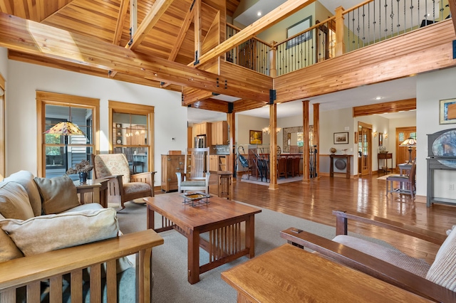 12324 Cranes Ave, Richland, MI 49083 - living room with high vaulted ceiling, recessed lighting, carpet floors, beamed ceiling, and baseboards