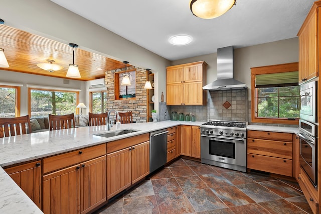 12324 Cranes Ave, Richland, MI 49083 - kitchen featuring a wall mounted air conditioner, a sink, wall chimney exhaust hood, decorative backsplash, and stainless steel appliances
