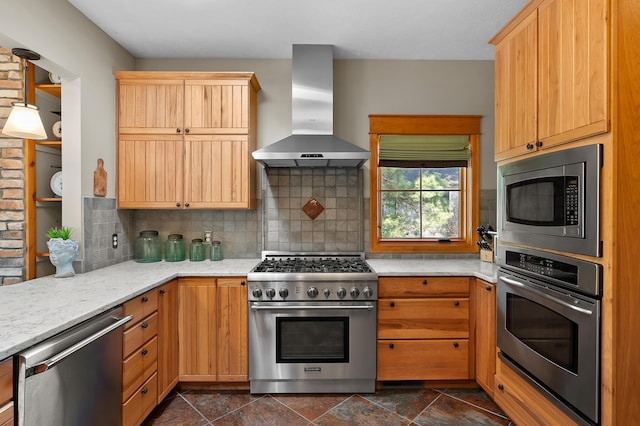 12324 Cranes Ave, Richland, MI 49083 - kitchen with appliances with stainless steel finishes, light stone counters, tasteful backsplash, and extractor fan