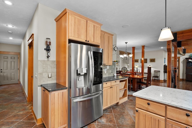 12324 Cranes Ave, Richland, MI 49083 - kitchen with tasteful backsplash, stainless steel refrigerator with ice dispenser, and light brown cabinets