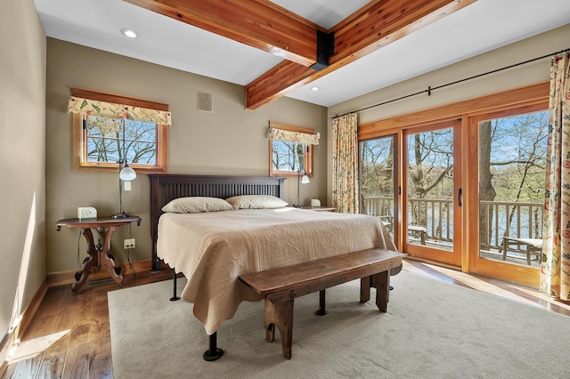 12324 Cranes Ave, Richland, MI 49083 - bedroom featuring access to outside, multiple windows, and beam ceiling