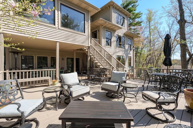12324 Cranes Ave, Richland, MI 49083 - deck featuring outdoor dining area and stairway