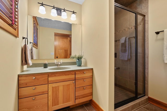 12324 Cranes Ave, Richland, MI 49083 - full bathroom with vanity, baseboards, a shower stall, and tile patterned flooring