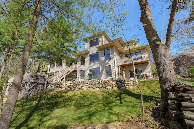 12324 Cranes Ave, Richland, MI 49083 - rear view of property with a balcony, a deck, stairway, and a lawn