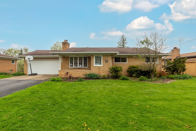 3928 Embarcadero St, Waterford, MI 48329 - single story home featuring brick siding, asphalt driveway, a front lawn, an attached garage, and a chimney