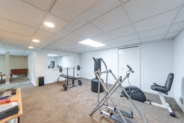 3928 Embarcadero St, Waterford, MI 48329 - workout area featuring carpet floors, baseboards, a paneled ceiling, and recessed lighting