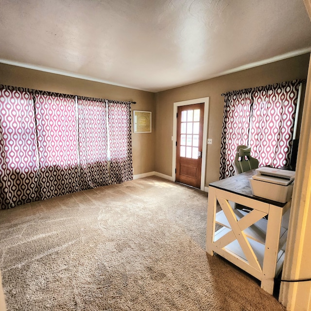 carpeted entryway featuring baseboards