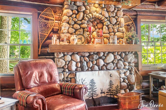 living area with log walls and a healthy amount of sunlight