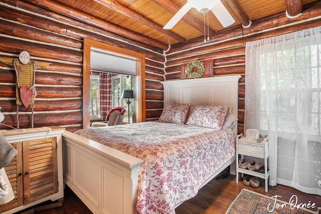 bedroom with wooden ceiling, dark wood-type flooring, rustic walls, and beam ceiling