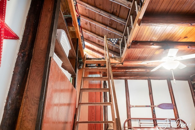 details featuring ceiling fan and wood ceiling