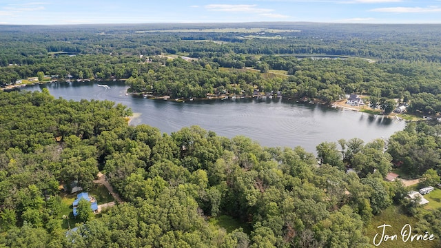 aerial view featuring a water view and a view of trees