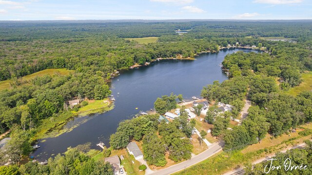 birds eye view of property featuring a wooded view and a water view