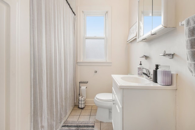 full bath featuring toilet, a shower with curtain, tile patterned floors, and vanity