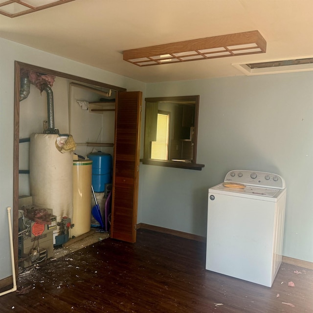 2905 W Burt Rd, Montrose, MI 48457 - washroom with gas water heater, washer / dryer, wood finished floors, laundry area, and baseboards
