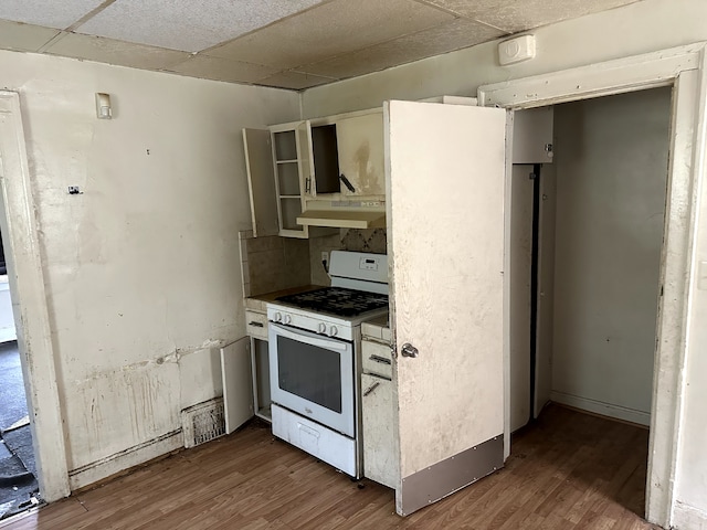 kitchen featuring under cabinet range hood, wood finished floors, a paneled ceiling, and white gas stove