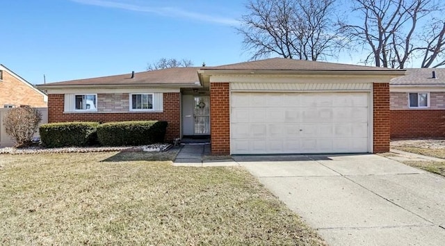 ranch-style house featuring a garage, a front lawn, brick siding, and driveway
