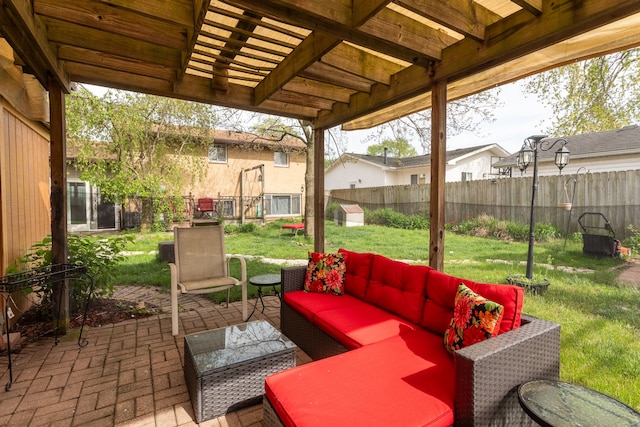 view of patio / terrace with an outdoor living space and a pergola