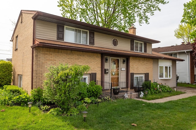 split level home featuring a chimney, brick siding, and a front lawn