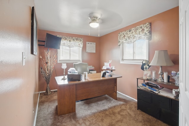 carpeted office space featuring plenty of natural light, ceiling fan, and baseboards