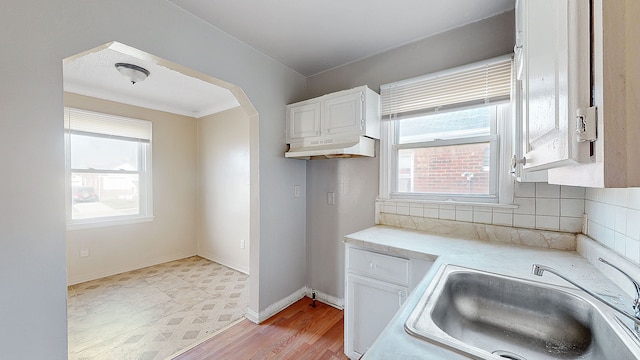 kitchen featuring a sink, tasteful backsplash, under cabinet range hood, white cabinetry, and light countertops
