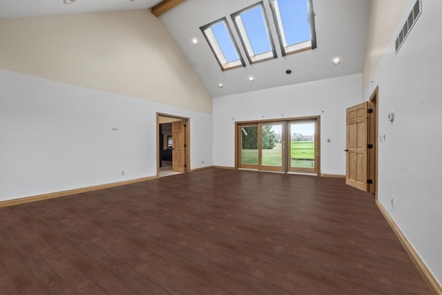 3101 Delano Rd, Oxford, MI 48371 - unfurnished living room featuring high vaulted ceiling, beam ceiling, a skylight, visible vents, and dark wood-style flooring