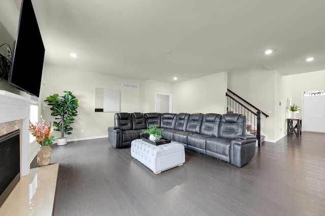 43547 Bolingbrooke Ln, Novi, MI 48377 - living room with baseboards, stairway, recessed lighting, a high end fireplace, and wood finished floors