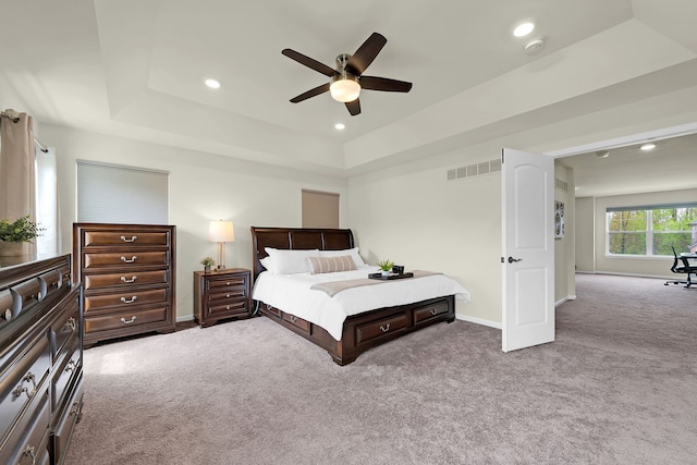 43547 Bolingbrooke Ln, Novi, MI 48377 - carpeted bedroom featuring baseboards, a raised ceiling, recessed lighting, and a ceiling fan