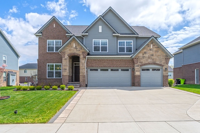 43547 Bolingbrooke Ln, Novi, MI 48377 - view of front of house featuring driveway, brick siding, a garage, a front yard, and stone siding