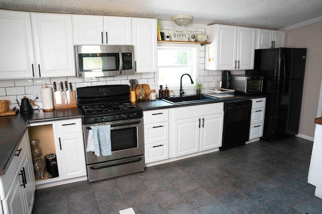 11005 Elm Ave, Howard City, MI 49329 - kitchen featuring black appliances, a sink, dark countertops, tasteful backsplash, and ornamental molding