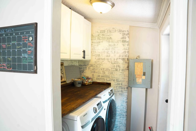 11005 Elm Ave, Howard City, MI 49329 - washroom with washing machine and dryer, electric panel, cabinet space, ornamental molding, and a textured ceiling