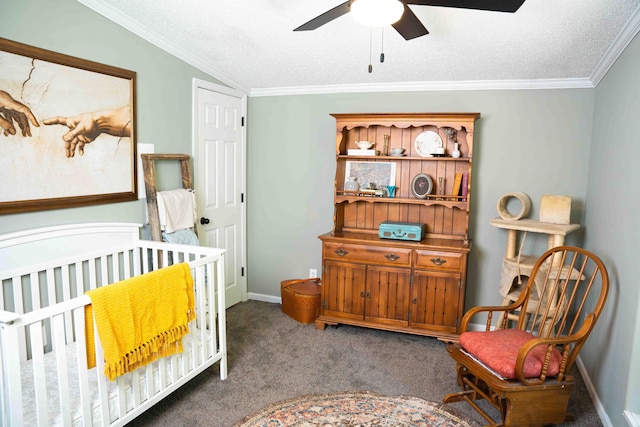 11005 Elm Ave, Howard City, MI 49329 - bedroom with carpet, crown molding, a textured ceiling, baseboards, and ceiling fan