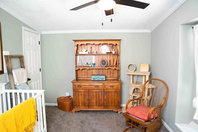 11005 Elm Ave, Howard City, MI 49329 - carpeted bedroom featuring crown molding, baseboards, a textured ceiling, and a ceiling fan