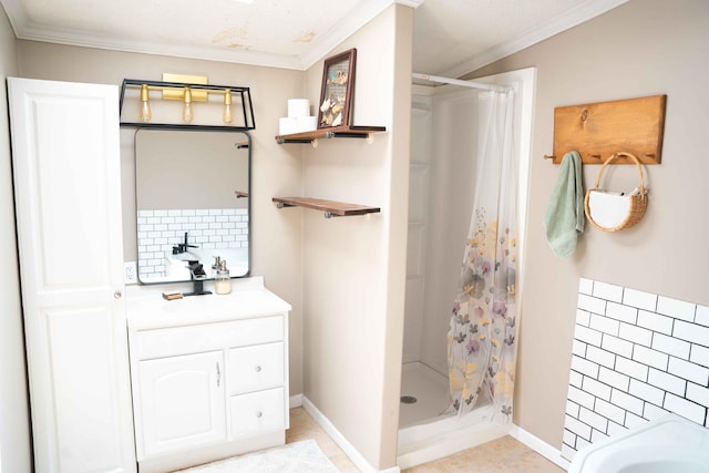 11005 Elm Ave, Howard City, MI 49329 - bathroom with a shower stall, backsplash, ornamental molding, vanity, and baseboards