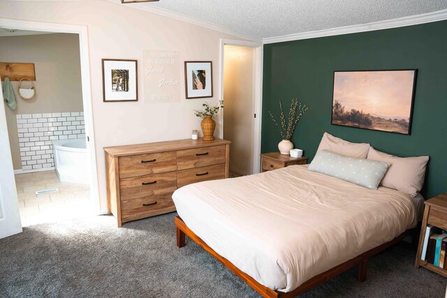 11005 Elm Ave, Howard City, MI 49329 - carpeted bedroom with ornamental molding, ensuite bath, and a textured ceiling